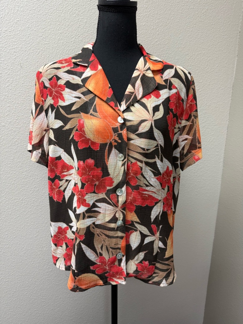 Alfred Dunner Floral Button Front Blouse Brown Orange Tropical Top Sz 12 - Picture 2 of 10
